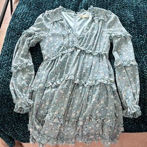 Altar'd State Green Mini Dress with V-Neck and Bishop Sleeves for Cocktail